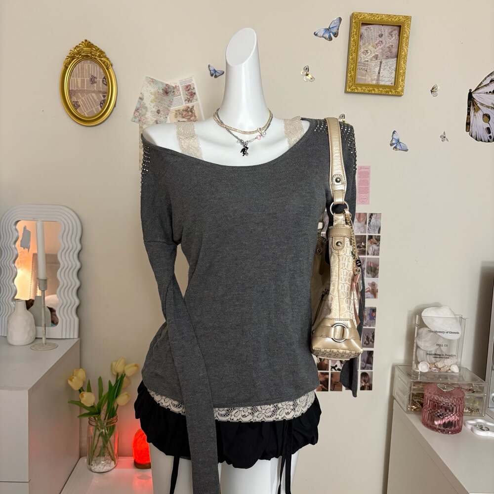 Express Vintage Y2K Gray Studded Shoulder Scoop Neck Knit Sweater Top Women Medi